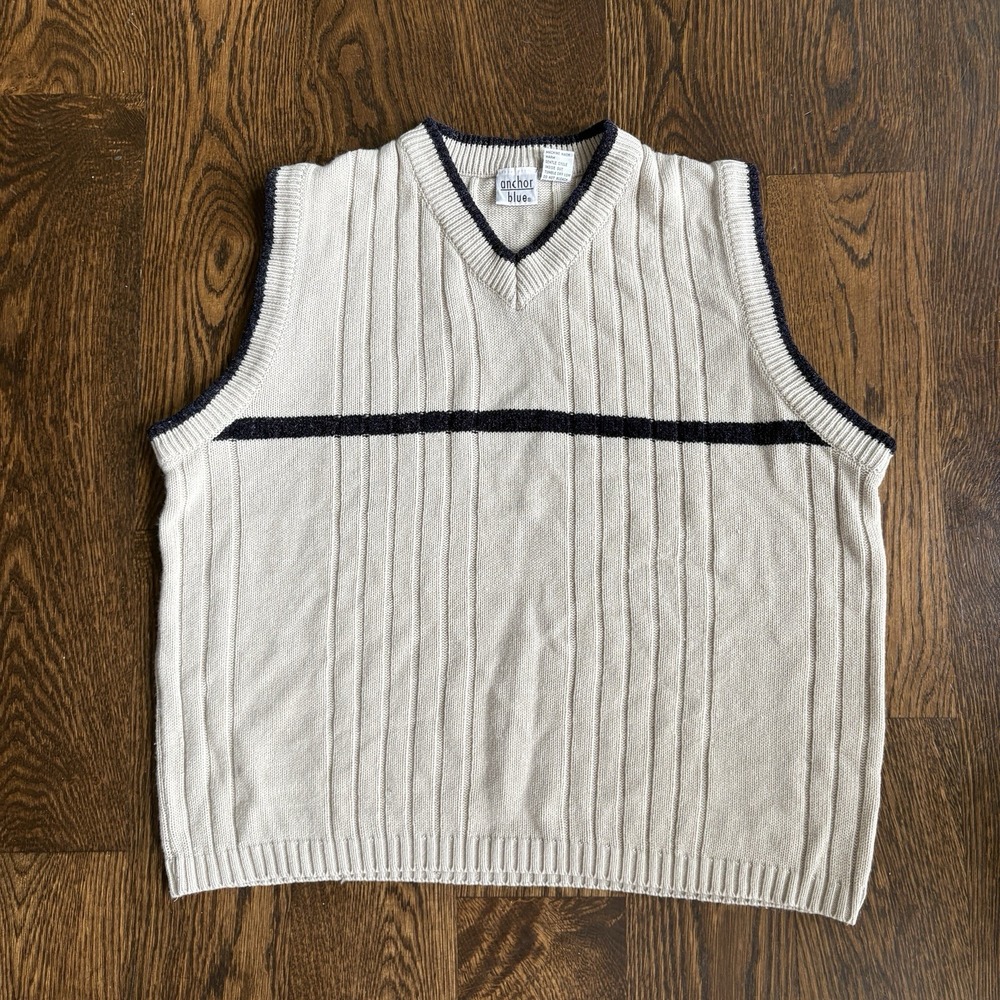Vintage Anchor Blue Sweater Vest Large L Cream Navy Ribbed V-Neck Knit 90s